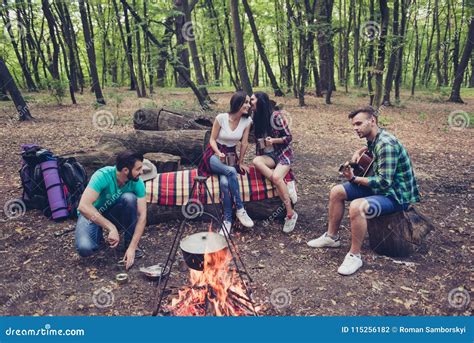 Four Best Friends Are Camping Girls Are Gossipping Boyfriends Stock