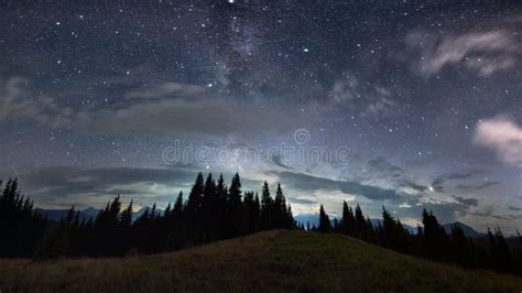 Beautiful Mountain Forest Under Night Starry Sky Stock Photo Image