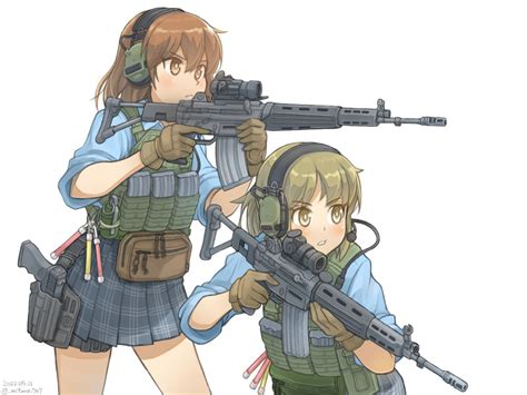 Safebooru 2girls Assault Rifle Bangs Black Skirt Blue Shirt Blush