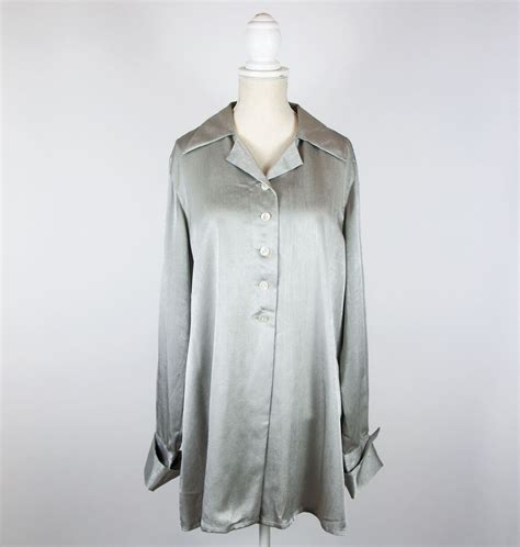 Vintage Silver Silk Blouse Oversized Metallic Long Sleeve Etsy