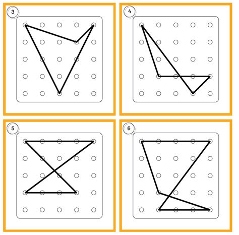 Baue geometrische figuren, wie dreieck, rechteck und quadrat auf einem virtuellen geobrett nach. ABC-Katze: Übungskartei: Figuren spannen am Geobrett