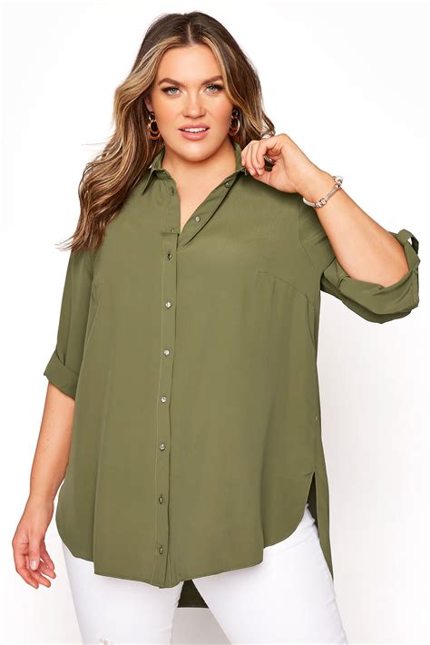 Khaki Oversized Dipped Hem Shirt Blouse Yours Clothing