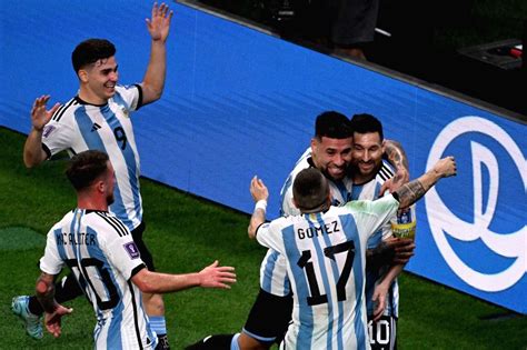 Dohaargentinas Lionel Messi Celebrates With Teammates After Scoring