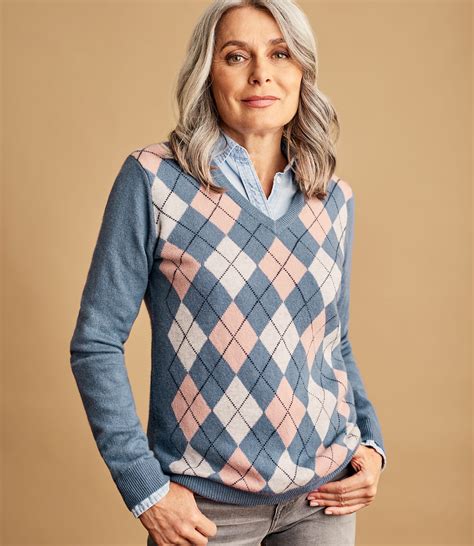 Storm Combo Womens V Neck Argyle Jumper Woolovers Au