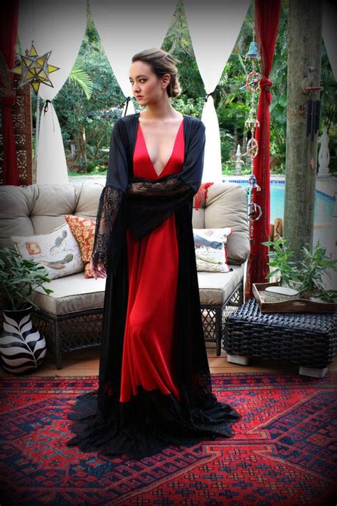 Red Satin Nightgown Valentines Lingerie Black Lace Satin Sleepwear
