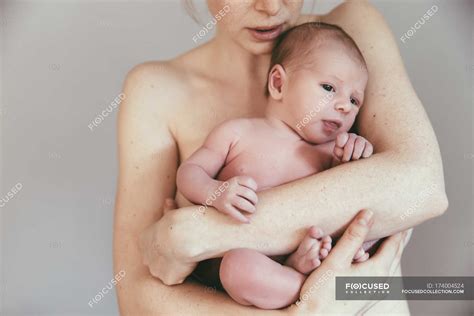 Nude Mother Holding Newborn Baby New Life Motherhood Stock Photo