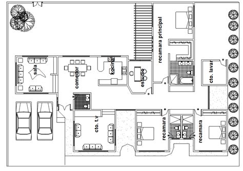 3 Bedrooms House Plan With Interior Furniture Layout Drawing Autocad 395