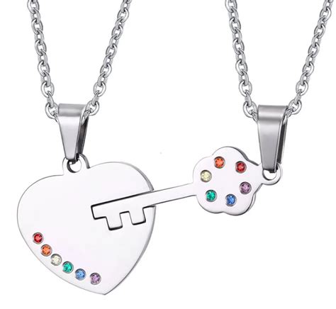 👉 lovers lgbt jewelry titanium steel heart lock pride gay necklace pendant rainbow lesbian