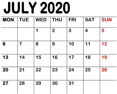 Free Blank July 2020 Calendar Printable Template Holidays In Pdf Word Excel