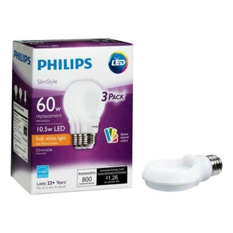 3 Philips Slimstyle A19 Led Light Bulbs 60w Soft White Dimmable E26 For