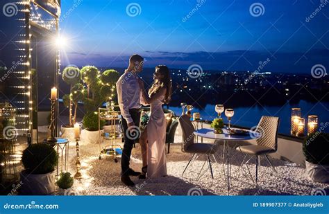 Beautiful Young Couple Having Date At Rooftop Restaurant Stock Image Image Of Love Lights
