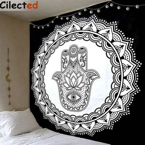 Cilected Black And White Tapestry Hamsa Hand Tapestry Wall Hanging