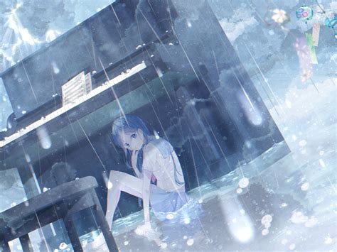 Anime Girl Hiding Under A Piano In The Rain Hd Wallpaper Background