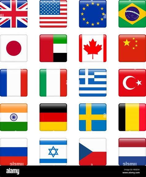 Set Of Popular Country Flags Glossy Square Vector Icon Set Vector