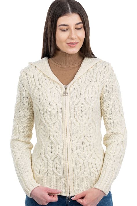 Saol 100 Merino Wool Womens Aran Zip Cardigan Sweater Irish Cable