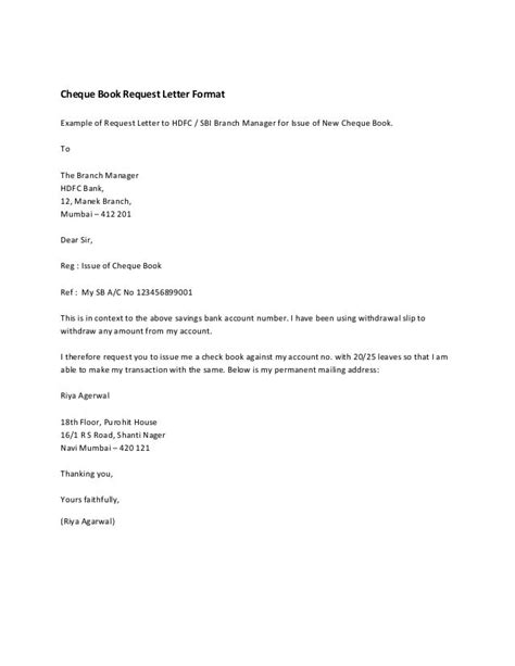 cheque book request letter format   request