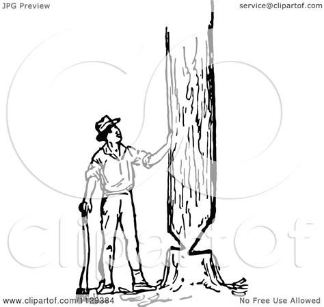 Clipart Of A Retro Vintage Black And White Lumberjack Man Cutting Down
