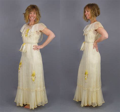 1930s Dress Vintage 30s Sheer Floral Embroidered Organdy Bias Cut Dress 30s Summer Wedding