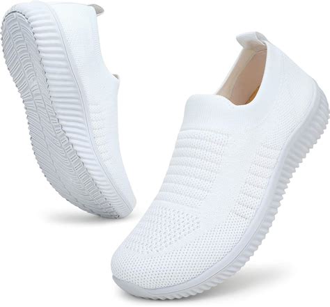 Womens Slip On Walking Shoes Breathable Mesh Tennis Sneakers All White 6 Uk Shoes