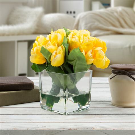 tulip artificial floral arrangement with vase and faux water fake flowers for home decor