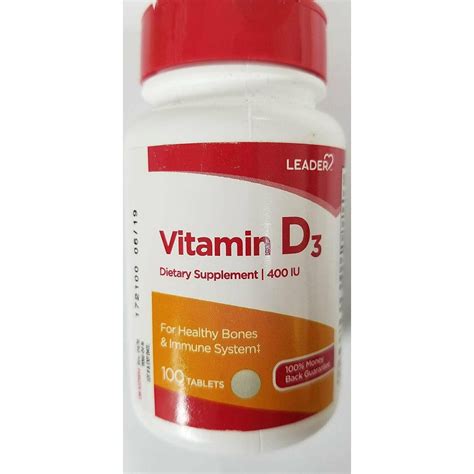 Leader Vitamin D3 400 Iu Dietary Supplement 100 Tablets Silver Rod