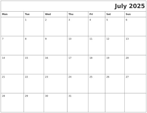 July 2025 Download Calendar