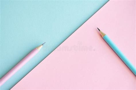 Pastel Colored Pencils On Empty Sheet Blue And Pink Tones Stock Photo