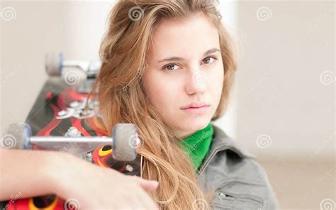 Portrait Of Pretty Girl With Skateboard Outdoor Stock Image Image Of