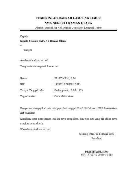 Contoh Surat Izin Cuti Mengajar