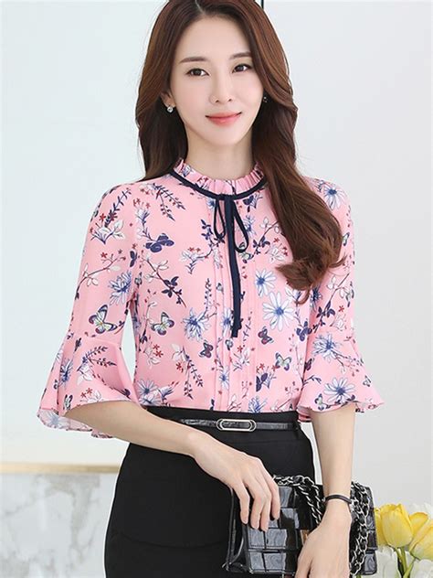 wholesale korean ladies floral chiffon blouse design spj062942