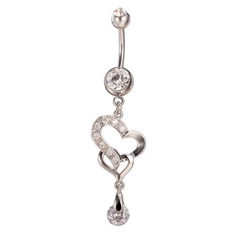 Summer Style Cz Crystal Zircon Heart Dangle Navel Button Belly Piercing Ring Silver Plated