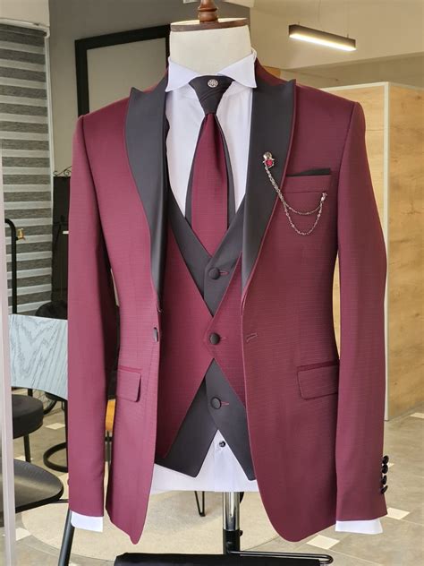 Gentwith Shelton Burgundy Slim Fit Peak Lapel Wedding Suit In 2021