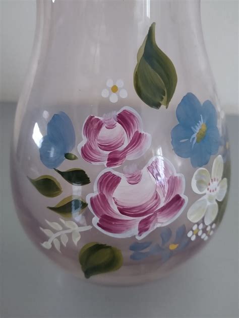 Vintage Handpainted Pink Floral Glass Vase Etsy
