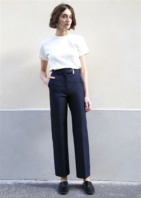 Navy Flat Front Straight Leg Trousers With White Trim The Frankie