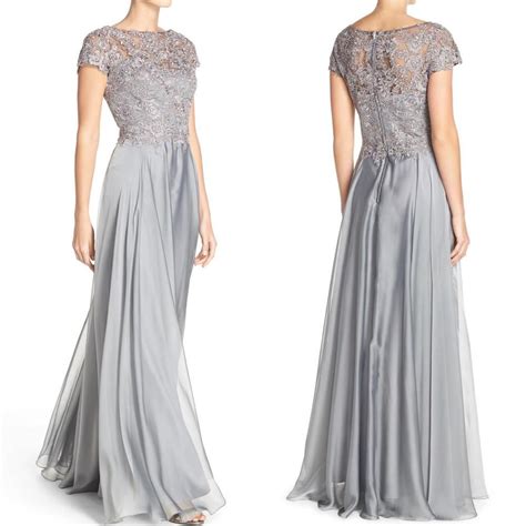 Macloth Cap Sleeves Lace Chiffon Long Evening Gown Silver Mother Of The