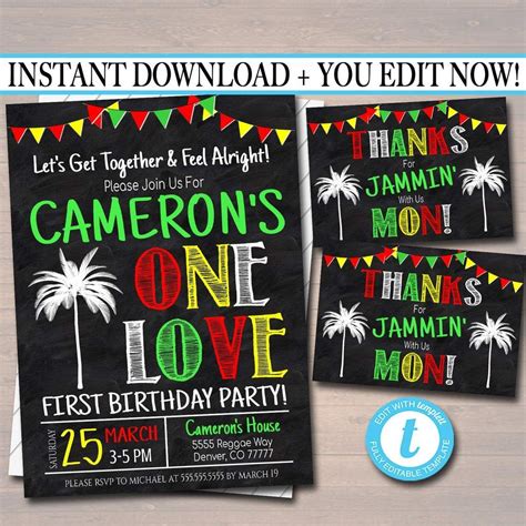 editable one love first birthday party invitation jamaica reggae theme theme one year let s