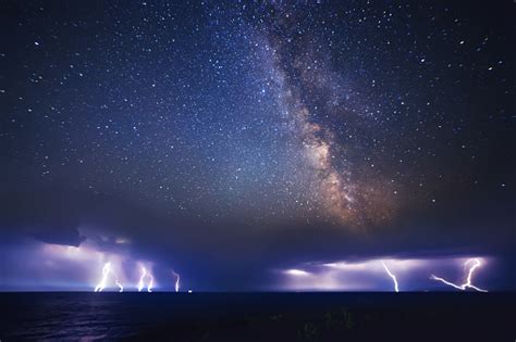 Thunderstorm On Sea And Milky Way Night Sky Stock Photo Download