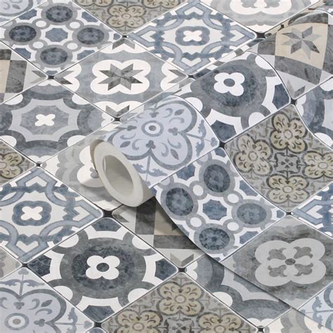 Goodhome Nonia Blue Tile Effect Wallpaper Departments Diy At Bandq