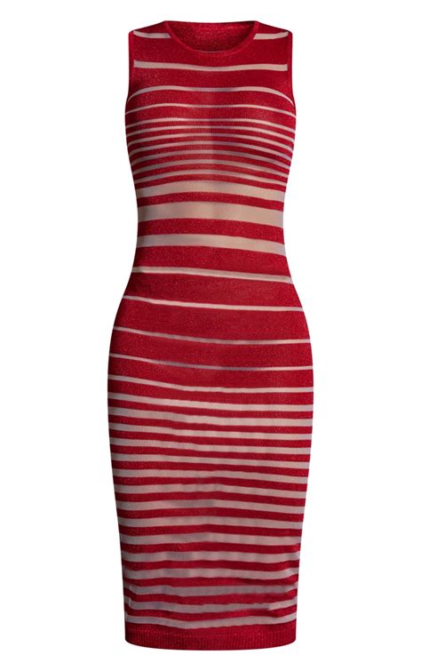 Red Glitter Stripe Sheer Knit Midaxi Dress Prettylittlething Ksa