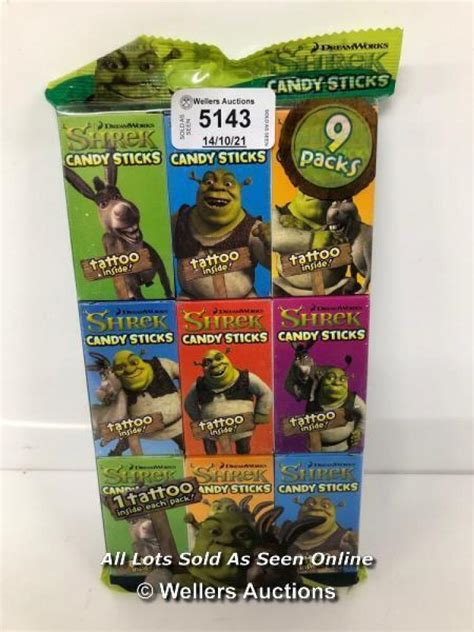 9x 16gm Boxes Shrek Candy Sticks With Free Temporary Tattoo In Each