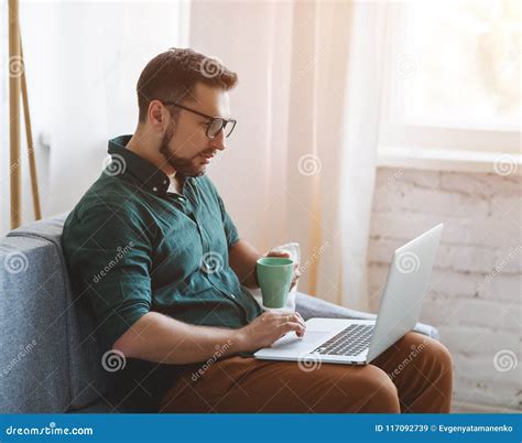 Happy Man Businessman Freelancer Student Working At Computer A