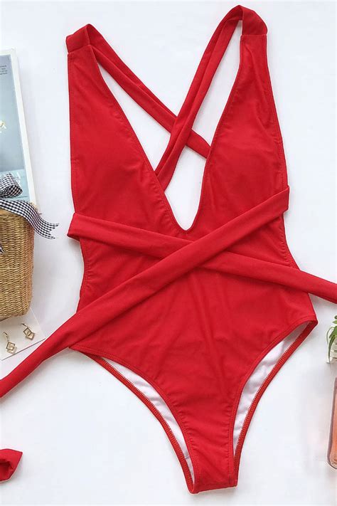 Comfortwear Store Oshmoments® All Rights Reserved Backless Wrap Tie One Piece Swimwear Red