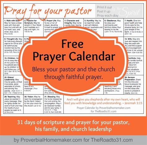 Praying For Your Pastor Printable Prayer Calendar Proverbial