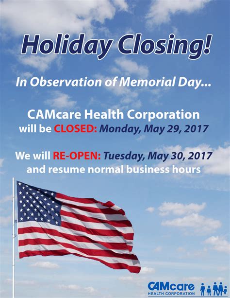 Memorial Day Holiday Closing — Camcare Health Corporation