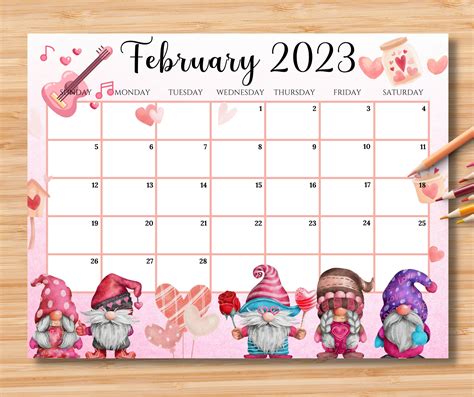 Editable February 2023 Calendar Sweet Valentine With Love Gnomes
