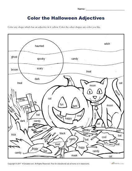 Halloween coloring pages for 1st graders. Halloween Adjectives | Printable Halloween Coloring Activity