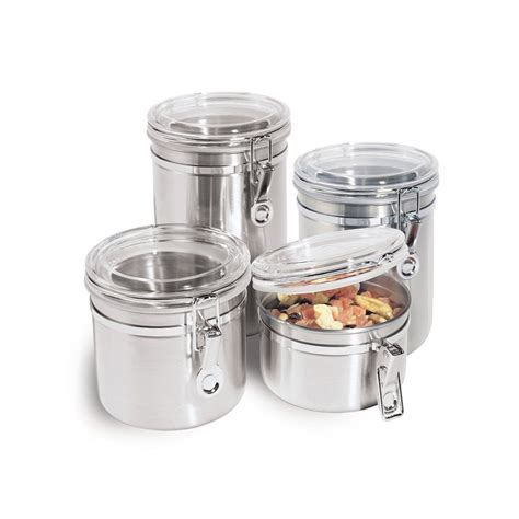 Oxo's iconic pop canisters get a sleek style update complete with a gleaming stainless steel lid. 4-Piece Stainless Steel Food Storage Canister Set with ...
