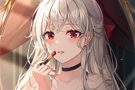 Anime Girl In White Dress With Gray Long Hair And Red Eyes Riding Red Lipstick K Wallpaper Download