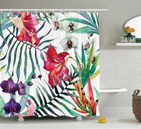 Tropical Wild Orchid Flowers With Palm Leaves Shower Curtain Printing