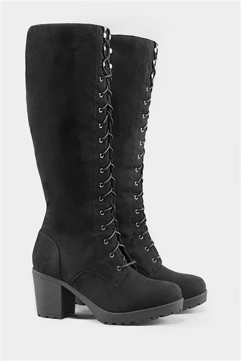 black lace up heeled knee high boots in extra wide fit yours clothing